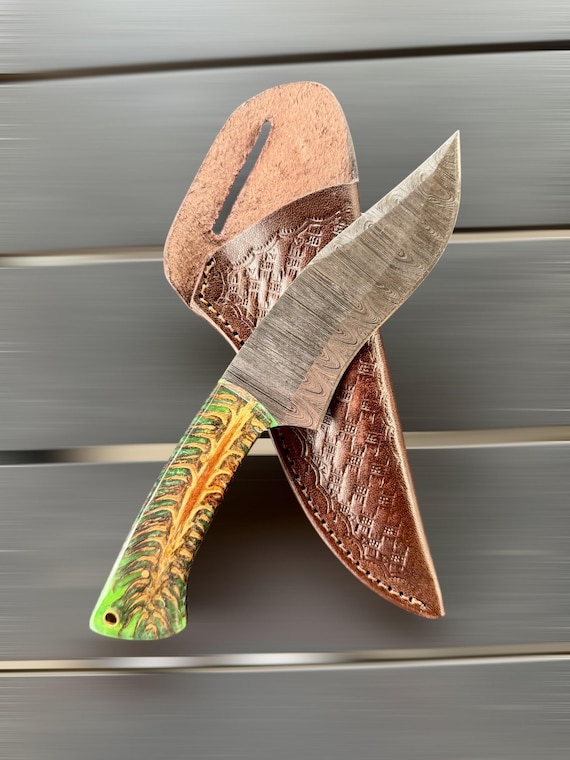 Damascus Steel Hunting Knife: 9” Overall Length, Green Pinecone Handle, Unique Colors, Leather Sheath. It’s Very Unique and a Beauty!