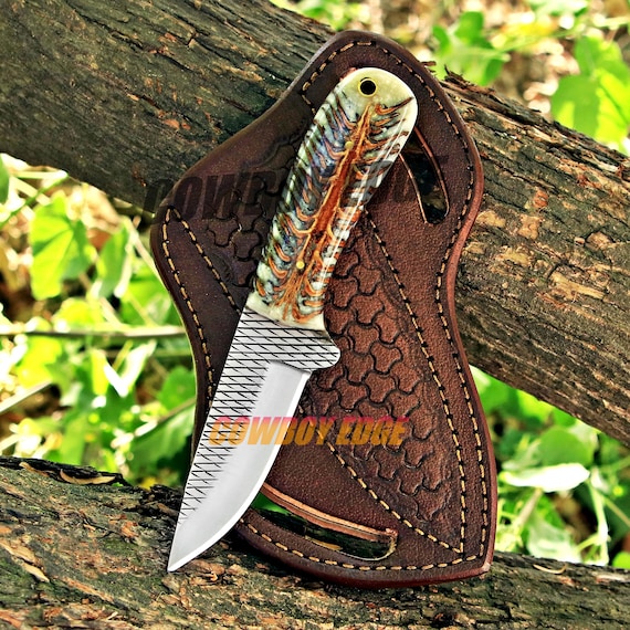 Handmade Rasp Steel Hunting Knife: pancake Leather Sheath - Cowboy knives