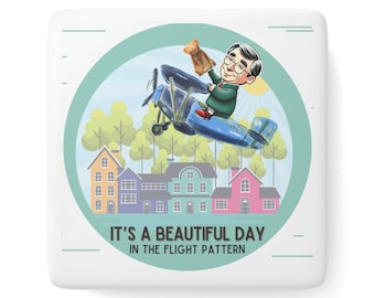 Mr. Rogers on an Airplane. It's a Beautiful Day in the Pattern Porcelain Pilot Gift Magnet, Square
