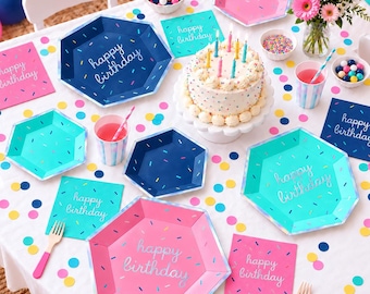 Colorful Birthday Party Kit - 60 Pieces - Paper Plates & Napkins for Kids Birthday Parties - 18 Guests