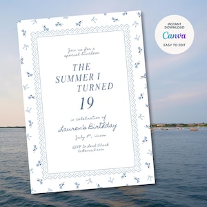 Hübsche Küsten Einladung - Der Sommer, in dem ich Geburtstagsthema wurde - Küsten Party Dekor - Digitale Canva Vorlage, Sofortiger Download Anpassbar