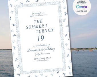 Pretty Coastal Invitation - The Summer I Turned Birthday Theme - Coastal Party Decor - Digital Canva Template, Instant Download Customizable