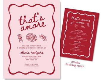 Plantilla de invitación para despedida de soltera "That's Amore" con menú, decoraciones italianas para despedida de soltera, invitación digital imprimible para Canva.