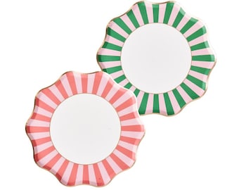 Palm Beach Party Plates - Pink & Green Striped Paper Plates - Pack of 8