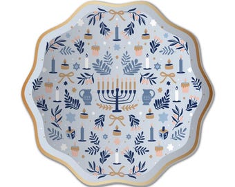Modern Hanukkah Paper Plates - Blue & Gold Hanukkah Party Plates – Jewish Holiday Tableware