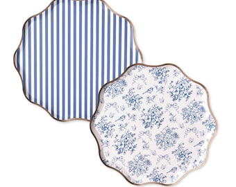 Platos Hamptons Toile de Jouy y Cabana Stripes – Platos Coastal Blue & White - Platos de postre de papel (8 platos por paquete)