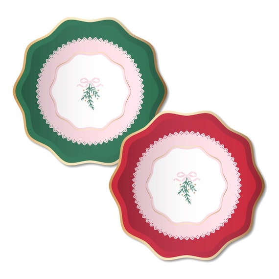 Christmas Coquette Bow Party Plates - Pink/Red/Green - Small Dessert Paper Plates - Coquette Aesthetic, Holiday Party Decor