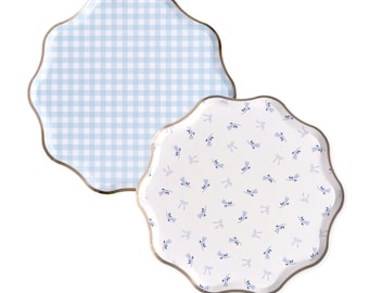 Coastal Party Plates - Blue Gingham & Floral - Bridal Shower, Bachelorette Party, Birthday - Set of 8 Paper Plates