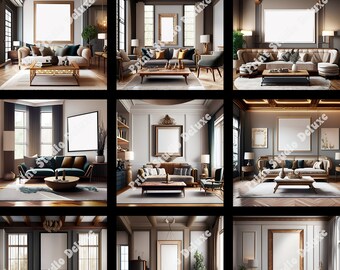 Könnte beinhalten: Neun verschiedene Innenraum-Mockups mit einer Auswahl an Wohnzimmermöbeln, darunter Sofas, Sessel, Couchtische und dekorative Akzente. Jedes Mockup zeigt einen großen, gerahmten Leinwanddruck mit einem leeren weißen Raum, ideal für die Präsentation von Kunstwerken oder Fotografien.