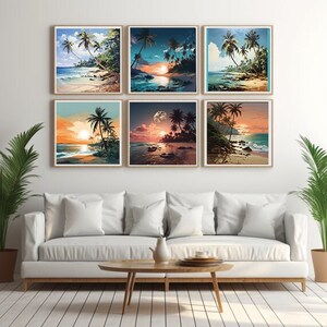 Peut inclure: Six tableaux carrés encadrés représentant des scènes de plage tropicale avec des palmiers, des couchers de soleil et des vues sur l'océan. L'œuvre présente des couleurs vives et est exposée au-dessus d'un canapé blanc.