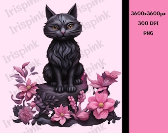 PNG schwarze Katze rosa Blume Halloween digitaler download