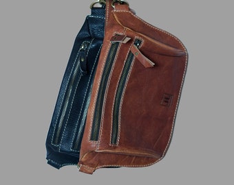 Leather Fanny Pack - Bum Bag - Festival Bag - Travel Bag - Multiple Pockets, Genuine Leather. Available in Brown, Navy, and Green.