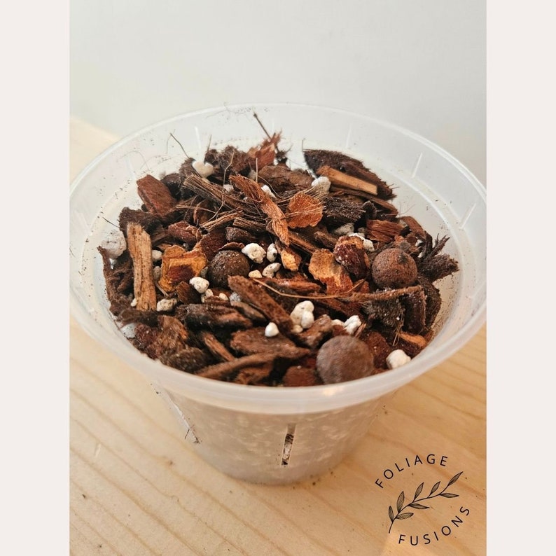 May include: A clear plastic container filled with a mixture of brown bark, white pebbles, and small brown pieces of wood. The container is sitting on a wooden surface.