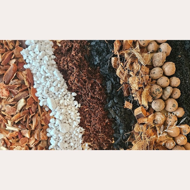 May include: A close-up of a variety of soil amendments for plants, including bark chips, white pebbles, brown potting soil, charcoal, coconut coir, and clay pebbles.