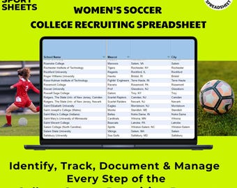 Może przedstawiać: Cyfrowy arkusz kalkulacyjny wyświetlony na ekranie laptopa zatytułowany NCAA D3 Women's Soccer College Recruiting Spreadsheet, zawierający listę nazw uczelni, maskotek i miast. W tle widać piłkarkę i piłkę nożną na boisku.