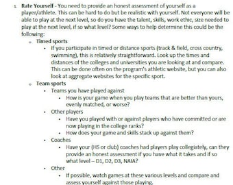 May include: A white and black document with the title "How To Start the College Athletic Recruitment Process" and a step-by-step guide for starting the process. The document includes a list of questions to help athletes assess their readiness for college athletics.