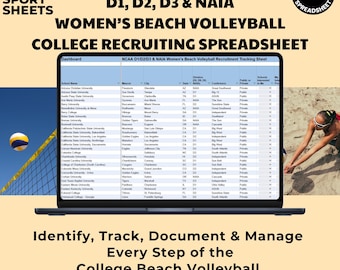 D1, D2, D3, NAIA & NJCAA Women’s Beach Volleyball Recruiting Spreadsheet - Beach Volleyball Athletic Planner - 149 Beach Volleyball Programs