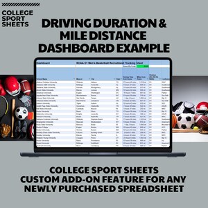 Puede incluir: Una computadora portátil muestra una hoja de cálculo titulada "NCAA D1 Men's Basketball Recruitment Tracking Sheet". La imagen incluye equipamiento deportivo. El texto dice "College Sport Sheets" y "Driving Duration & Mile Distance Dashboard Example."
