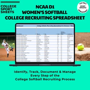 May include: A laptop computer screen displaying a spreadsheet for NCAA Division 1 Women's Softball College Recruiting. The spreadsheet includes columns for school name, mascot, city, state, division, and conference. The spreadsheet is titled "College Athletic Recruiting Spreadsheet for Division 1 Women's Softball".