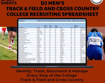 Może przedstawiać: Cyfrowy arkusz kalkulacyjny zatytułowany D2 Men's Track & Field and Cross Country College Recruiting Spreadsheet wyświetlony na ekranie laptopa. Tabela zawiera nazwy uniwersytetów, maskotki i szczegóły. Tło jest ciemnopomarańczowe.