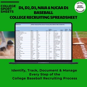 Peut inclure: Un ordinateur portable affiche une feuille de calcul de recrutement de baseball avec le texte "College Sport Sheets". L'écran montre un tableau avec les noms des collèges, les villes et d'autres données. L'image comprend le texte : "Identifier, suivre, documenter et gérer chaque étape du processus de recrutement de baseball collégial."
