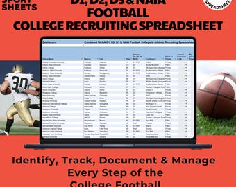 May include: A laptop displays a college football recruiting spreadsheet with data. The image includes a football player in a gold and white uniform, a football, and text that reads "College Recruiting Spreadsheet."