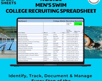 May include: A laptop computer screen displaying a spreadsheet with a list of NCAA Division II men's swim teams and their locations. The spreadsheet includes the school name, mascot, city, state, driving time from home, and miles from home. The spreadsheet is titled "College Athletic Recruiting Spreadsheet".