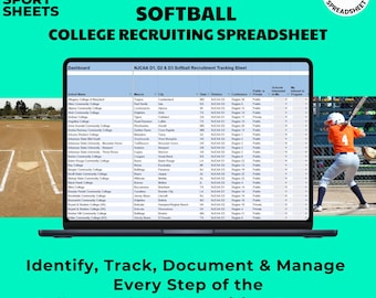 May include: A digital NJCAA softball college recruiting spreadsheet displayed on a laptop screen. The interface features columns for school name, mascot, city, state, division, and conference. A softball player is visible on the right side.