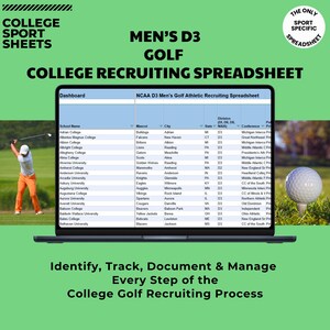 NCAA D3 Men's College Golf Recruiting-spreadsheet met alle 290 NCAA Division 3 golfprogramma's voor heren