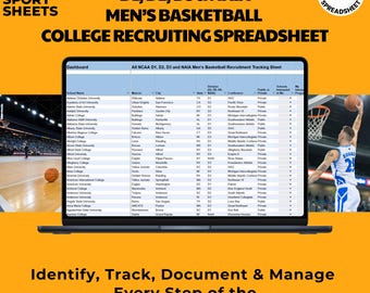 Puede incluir: Una pantalla de computadora portátil que muestra una hoja de cálculo titulada "College Recruiting Spreadsheet" con una lista de universidades y sus programas de baloncesto. La hoja de cálculo incluye columnas para el nombre de la escuela, la mascota, la ciudad, el estado, la división, la conferencia y el estado público o privado. La hoja de cálculo está diseñada para ayudar a rastrear y administrar el reclutamiento de baloncesto universitario.