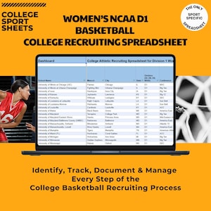 May include: A laptop computer screen displaying a spreadsheet titled "College Athletic Recruiting Spreadsheet for Division 1 Women's Basketball". The spreadsheet lists college names, mascots, cities, states, divisions, and conferences. The text "Identify, Track, Document & Manage Every Step of the College Basketball Recruiting Process" is displayed below the laptop.