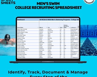 May include: A computer screen displaying a spreadsheet with a list of colleges and their men's swimming programs. The spreadsheet includes the school name, mascot, city, state, division, conference, and points. The spreadsheet is titled "All NCAA & NAIA Men's Swimming Programs - College Athletics".