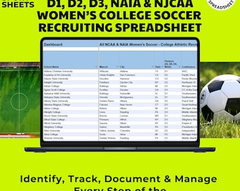 May include: A laptop displaying a college soccer recruiting spreadsheet with columns for school name, mascot, city, state, division, and conference. The screen shows text including D1, D2, D3, NAIA & NJCAA Women's College Soccer Recruiting Spreadsheet.