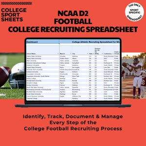 Op de afbeelding: Een laptopscherm dat een spreadsheet toont met een lijst van NCAA Division II voetbalcolleges en hun rekruteringsinformatie. De spreadsheet bevat de naam van de school, de mascotte, de stad, de staat, de divisie, de conferentie en de status publiek of privé. De spreadsheet heeft de titel "College Athletic Recruiting Spreadsheet for NC". De laptop staat op een rode achtergrond met de tekst "College Sport Sheets" en "NCAA D2 Football College Recruiting Spreadsheet" in wit.