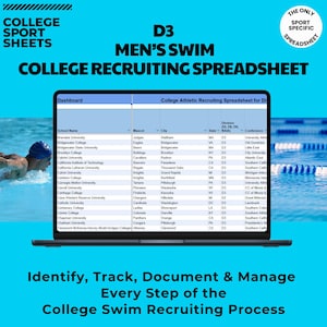 Op de afbeelding: Een spreadsheet op een laptopscherm met de titel "College Athletic Recruiting Spreadsheet for D3 Men's Swim". De spreadsheet bevat een lijst met namen van hogescholen, mascottes, steden, staten, divisies en conferenties. De spreadsheet is een hulpmiddel voor het werven van studenten voor collegezwemmen.