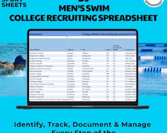 May include: A spreadsheet on a laptop screen titled "College Athletic Recruiting Spreadsheet for D3 Men's Swim". The spreadsheet lists college names, mascots, cities, states, divisions, and conferences. The spreadsheet is a tool for college swim recruiting.