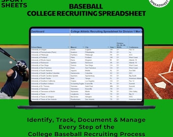 Może przedstawiać: Ekran laptopa wyświetlający arkusz kalkulacyjny z zielonym tłem i tekstem "NCAA D1 Baseball College Recruiting Spreadsheet". Arkusz kalkulacyjny zawiera listę drużyn baseballowych uczelni, ich maskotek, miast, stanów, dywizji i konferencji. Obraz zawiera również boisko do baseballu z graczem baseballowym machającym kijem.