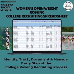 Puede incluir: Una pantalla de computadora portátil que muestra una hoja de cálculo titulada "NCAA D1/D2/D3 Women's Rowing - Athletic Recruiting Spreadsheet by College". La hoja de cálculo enumera universidades y colegios, su ubicación, conferencia y otros detalles. La imagen también muestra un equipo de remo en un lago.