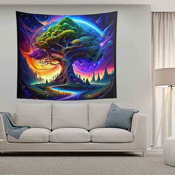 Psychedelic Tree of Life, Psychedelic trippy art Tapestry, Fantasy, abstract, mandala, Wall decoration, Fluorescent tapestry, Walldecoration