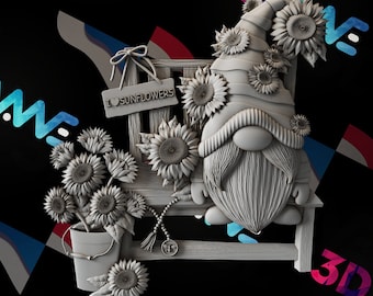 Sunflower Garden Gnome 3D Model | CNC Wall Decor (STL Digital Download)