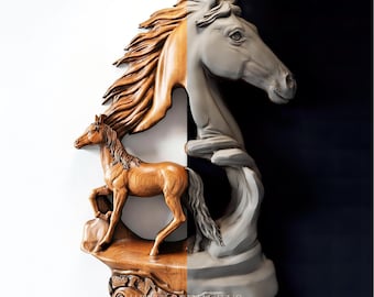 Archivo STL de caballo / Modelo CNC en relieve de yegua y potro / Descarga para tallado con fresadora