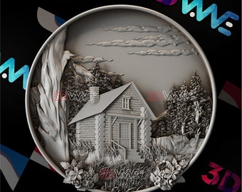 Cabin Mountain Scene 3D Model | CNC STL File (Digital Download)