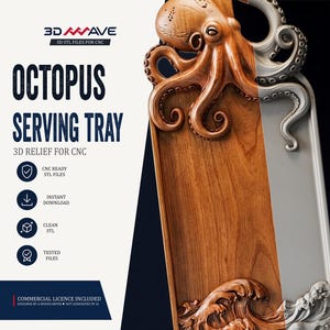 CNC Router File | Octopus STL File | Ocean Serving Board | Wood Carving Relief | Coastal Decor