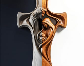 Cross STL File | Holy Family Relief CNC Model | Christian Carving Digital Download