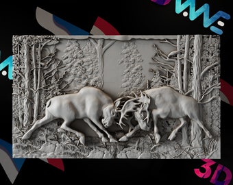 Modelo 3D de alce y ciervo para decoración de pared (CNC) / Escena de bosque (descarga digital STL)