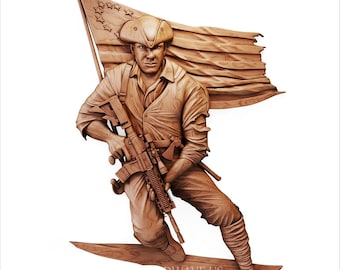 Patriot With Rifle CNC STL File | American Flag Wood Carving