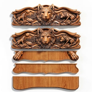 May include: A set of wooden decorative panels featuring intricate carvings of wolf heads, howling wolves, and forest landscapes. The text WWW.3DWAVE.US 3D STL FILES FOR CNC is visible on the carvings. Includes plain rectangular and curved wooden base pieces.