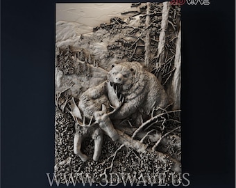 Archivos STL de oso cazando alce / Descarga digital de arte mural CNC / Decoración de caza