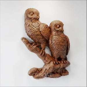 Two Owls Branch Wood Carving | Handmade Owl Gift, CNC STL Art