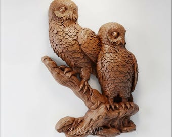 Two Owls Branch Wood Carving | Handmade Owl Gift, CNC STL Art